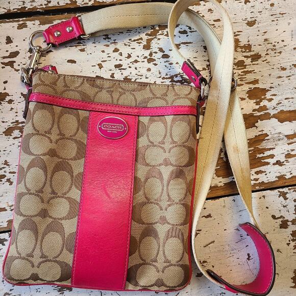 Coach crossbody purse bag brown logo print & hot pink 9" x 7" - Picture 7 of 7